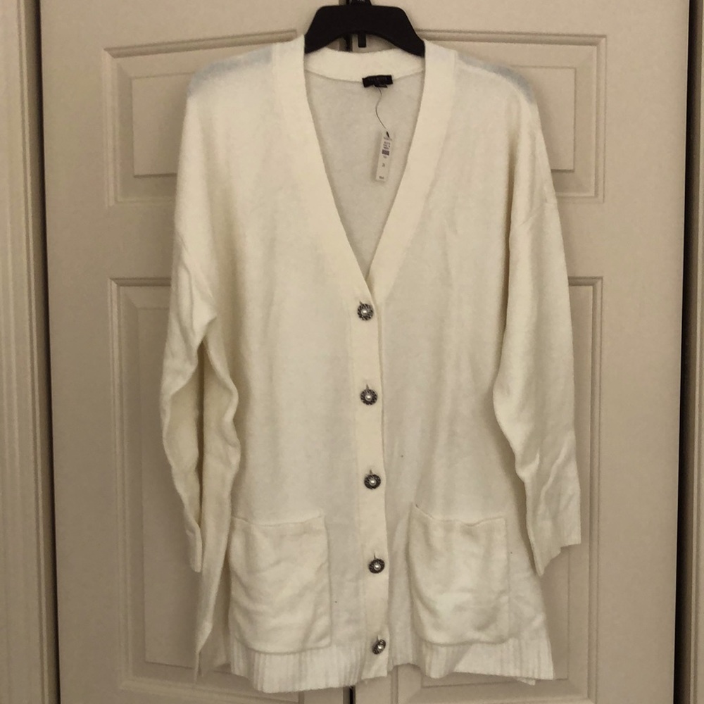 Dressy Talbots cream cardigan with jeweled buttons and 2 pockets. 2X NWT